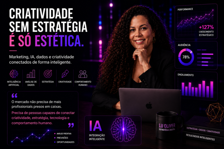 Lu Oliveira em um ambiente tecnológico premium com elementos de inteligência artificial, dashboards, gráficos neon e estética futurista representando marketing estratégico orientado por dados.